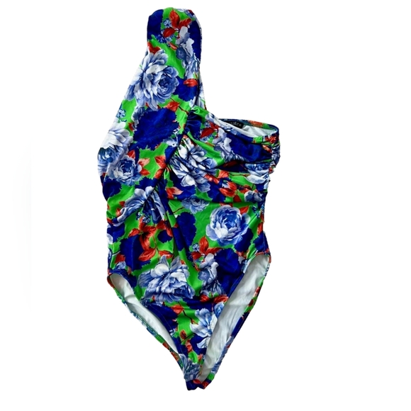 Zara One Sleeve Floral Green/blue/red Asymmetric Bodysuit. Size L. - Picture 5 of 12